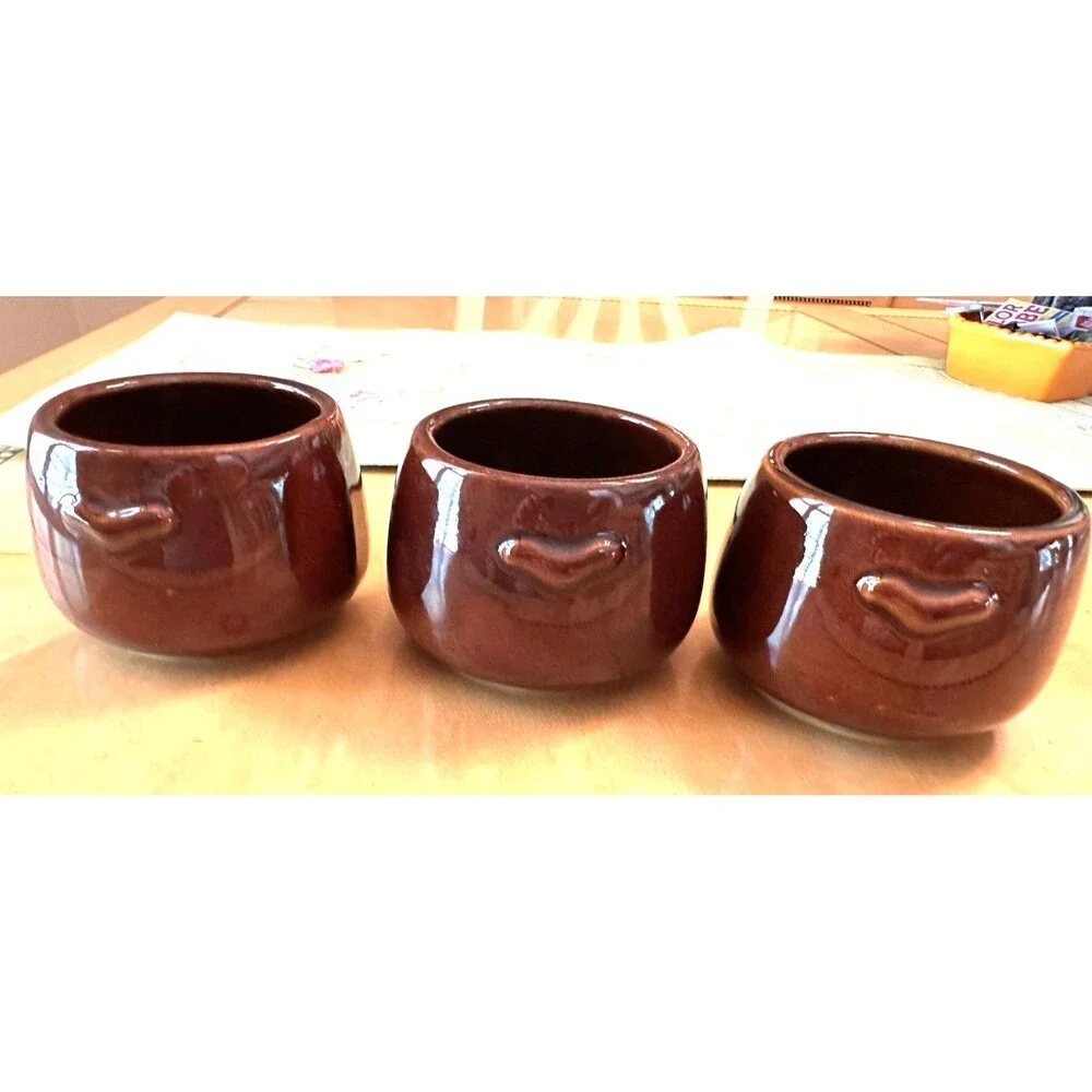 Vintage West Bend USA Brown Glaze Set Of 3 Mini Ceramic Bean Pot 3.5” Diameter